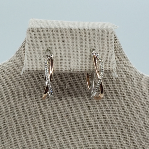 10K Rose Gold and Sterling Silver Pave Diamond Crossover Hoops - Picture 10 of 16